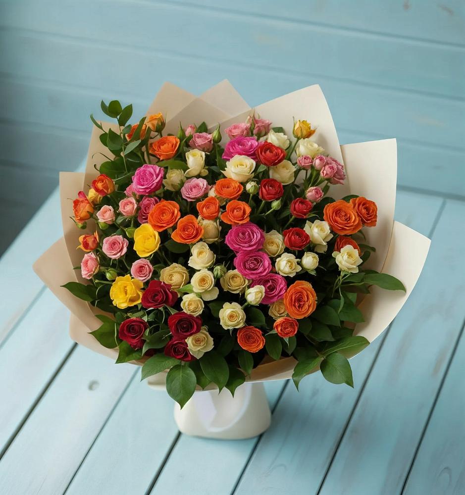 Букет Микс из разноцветных кустовых роз в Полярном