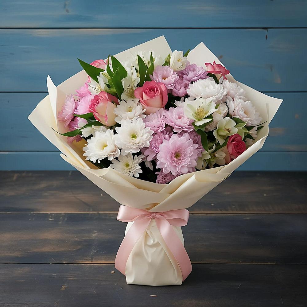 Букет цветов из: Хризантемы, Альстромерии и Розы в Полярном